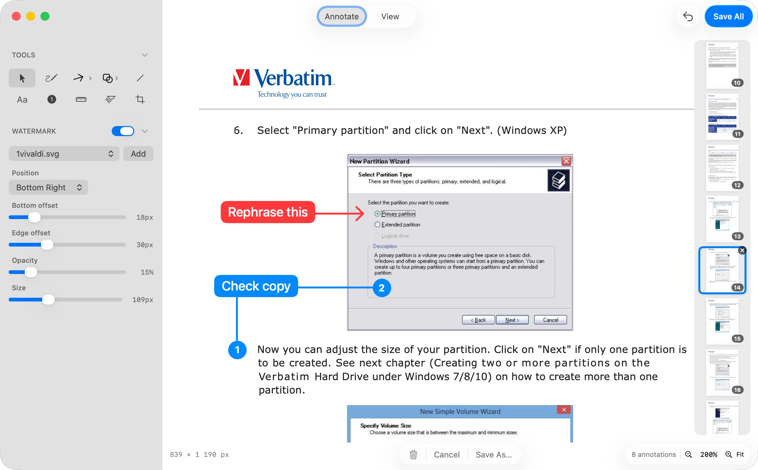SimplShot PDF annotation view showing a multi-page PDF with callouts and highlights applied